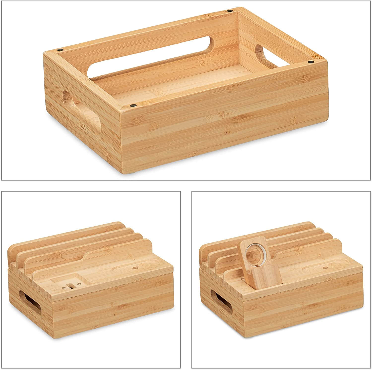 Relaxdays Σταθμός Οργάνωσης και Φόρτισης από Μπαμπού για Smartphone, Apple Watch και Ear Pods - Natural - 4052025447342