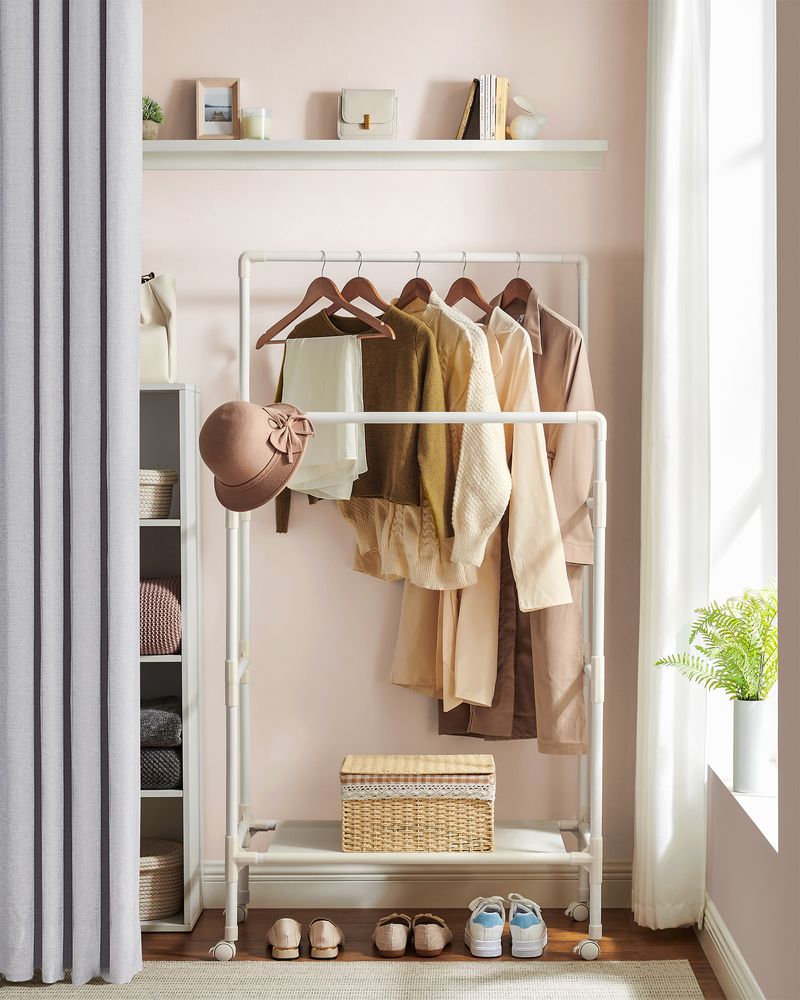 Songmics Κρεμάστρα Δαπέδου με 2 Pάγες Pούχων, 1 Ράφι και Ροδάκια - White - RDR101W02