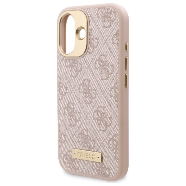 Guess iPhone 16 Plus 4G Logo Plate MagSafe Θήκη με Επένδυση Συνθετικού Δέρματος και MagSafe - Pink - GUHMP16MU4GPRP