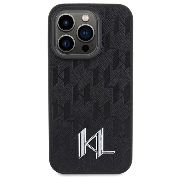 Karl Lagerfeld iPhone 15 Pro - Leather Monogram Hot Stamp Metal Logo Σκληρή Θήκη με Επένδυση Συνθετικού Δέρματος και Πλαίσιο Σιλικόνης - Black - KLHCP15PPKLPKLK