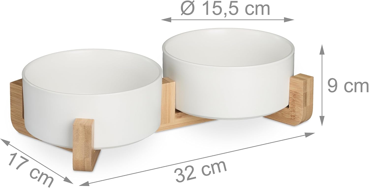 Relaxdays Σετ με 2 Μπολ Φαγητού και Νερού με Βάση από Μπαμπού για Κατοικίδια - 850ml - White / Brown - 4052025976705