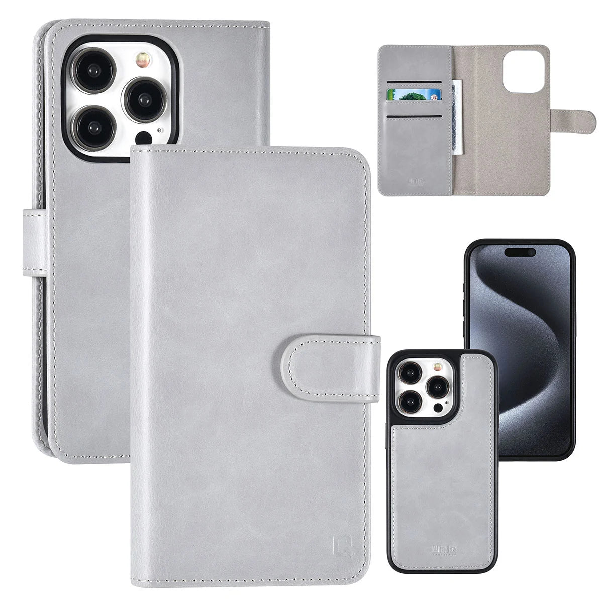 Tuniq iPhone 15 Pro - 2 σε 1 - Θήκη Πορτοφόλι από Δερματίνη με Αποσπώμενη Θήκη - Γκρι