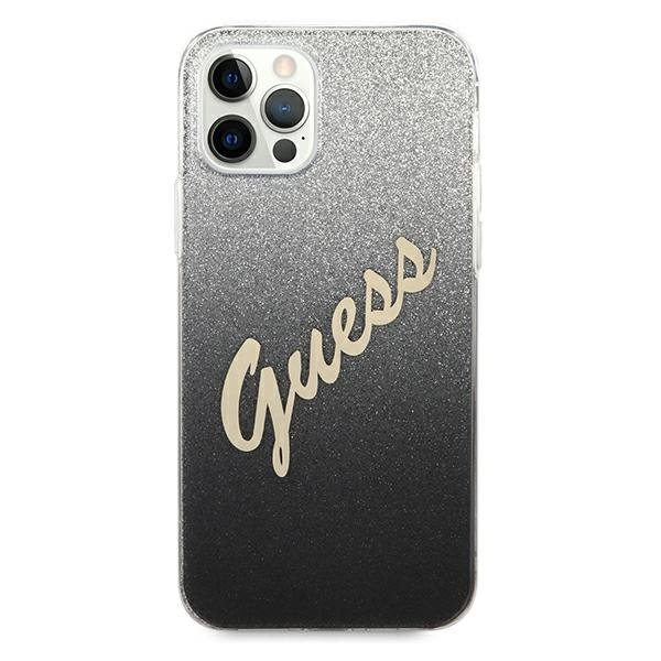 Guess iPhone 12 / iPhone 12 Pro - Glitter Gradient Script Σκληρή Θήκη με Πλαίσιο Σιλικόνης - Black - GUHCP12MPCUGLSBK