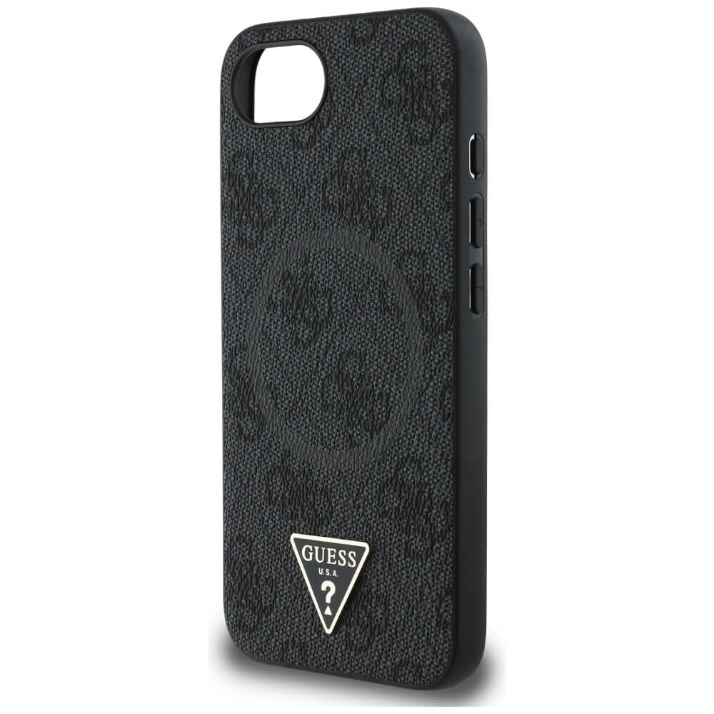 Guess iPhone 16e - 4G Ring Triangle Logo - MagSafe Θήκη με Επένδυση Συνθετικού Δέρματος - Black - GUHMPSE4P4TDPK