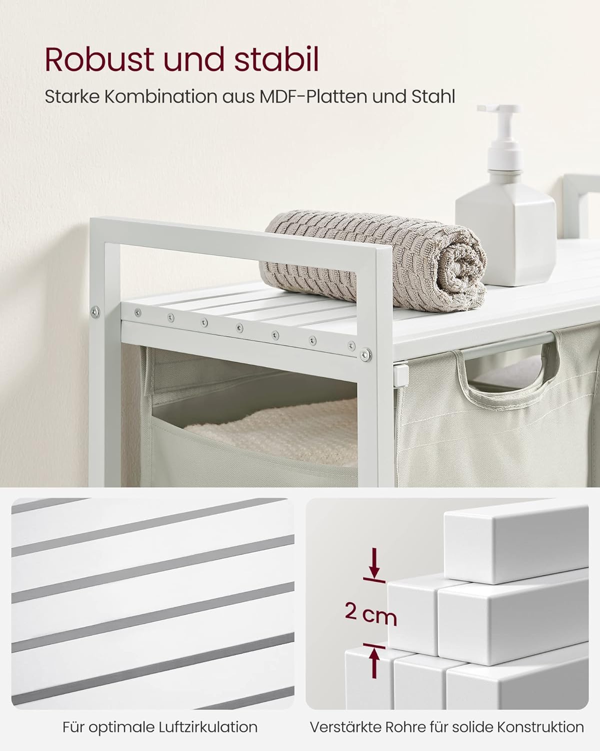 Vasagle Καλάθι Απλύτων με 2 Διαμερίσματα και Ράφι - 92L - White - BLH201W01