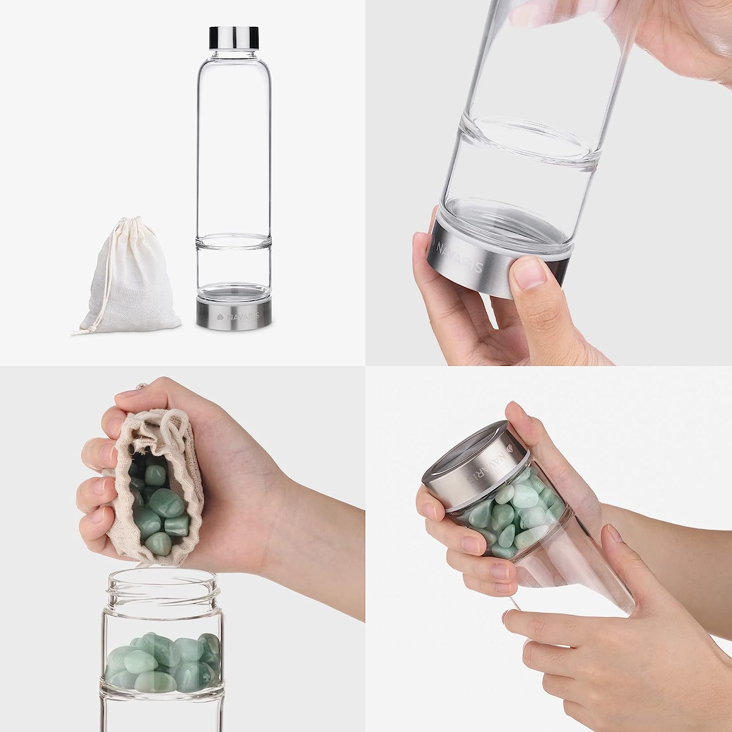 Navaris Γυάλινο Μπουκάλι Νερού με Πέτρες Αβεντουρίνης και Θήκη - BPA FREE - 420ml - Aventurine Stone - 53150.06