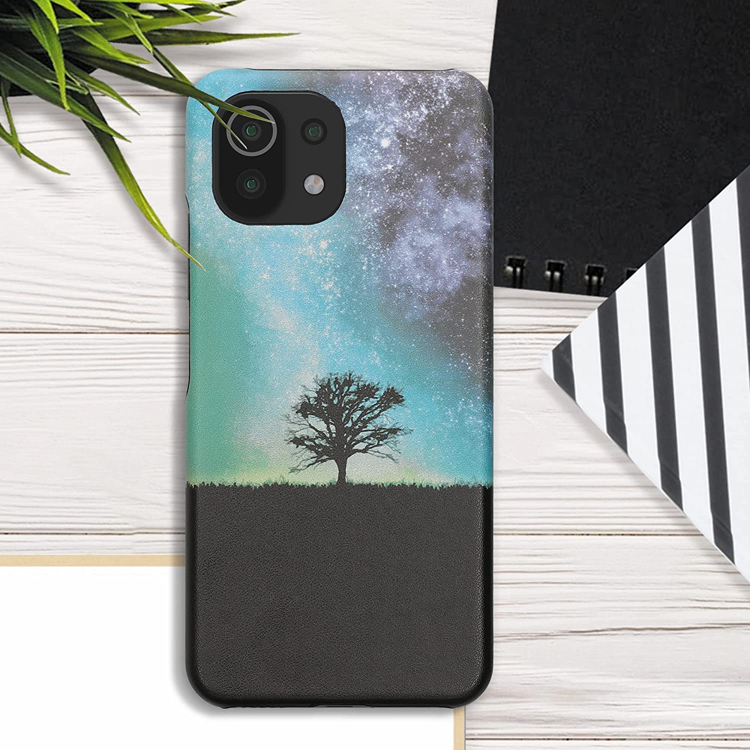 KW Xiaomi 11 Lite 5G NE / Mi 11 Lite 5G Σκληρή Θήκη με Επένδυση Συνθετικού Δέρματος - Design Cosmic Nature - Blue / Grey / Black - 57839.01