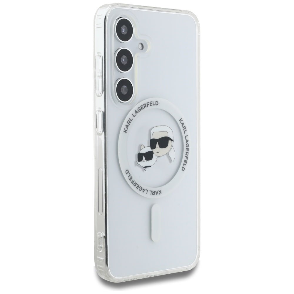 Karl Lagerfeld Samsung Galaxy S25 - Button Karl and Choupette Heads Printed Logo - MagSafe Σκληρή Θήκη με Πλαίσιο Σιλικόνης - White - KLHMS25SHLSKCH