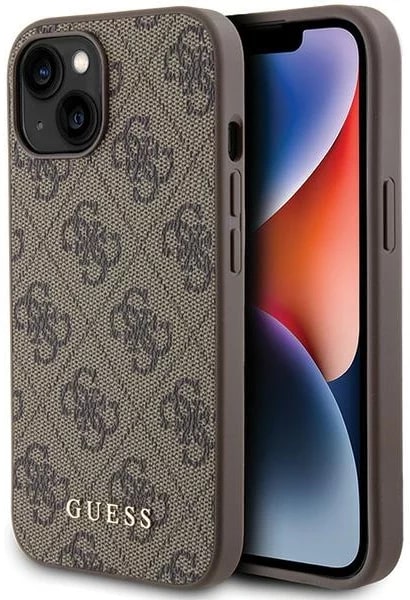 Guess iPhone 15 - 4G Metal Gold Logo Σκληρή Θήκη με Επένδυση Συνθετικού Δέρματος - Brown - GUHCP15SG4GFBR