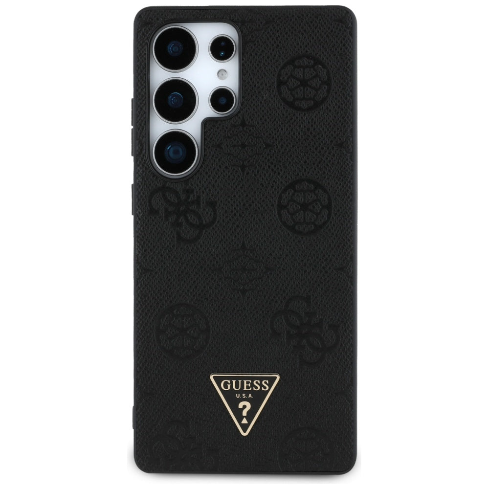 Guess Samsung Galaxy S25 Ultra - Grained Hot Stamp Peony Pattern Triangle Logo - MagSafe Σκληρή Θήκη με Πλαίσιο Σιλικόνης και Συνθετικό Δέρμα - Black - GUHMS25LPGBTMK
