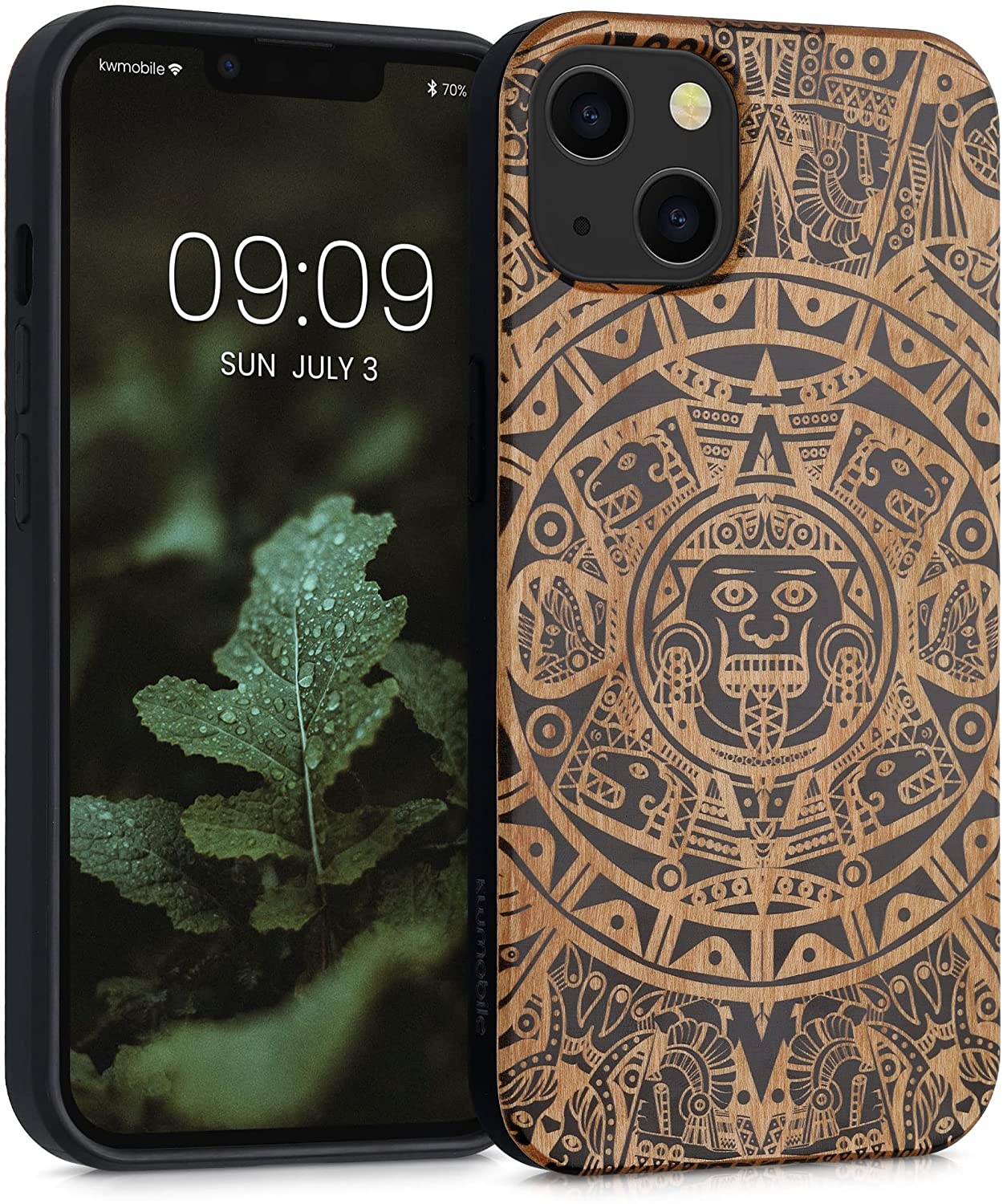 KW iPhone 13 Θήκη από Φυσικό Ξύλο Design Maya Calendar Art - Light Brown / Black - 55953.05