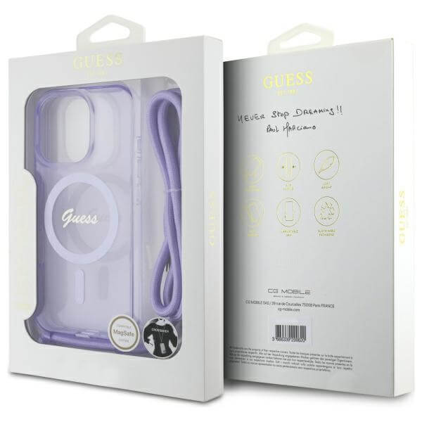 Guess iPhone 16 Pro Max - Crossbody Cord Script MagSafe - Σκληρή Θήκη με Πλαίσιο Σιλικόνης και Λουράκι - Purple - GUHMP16XHCTSGNSU
