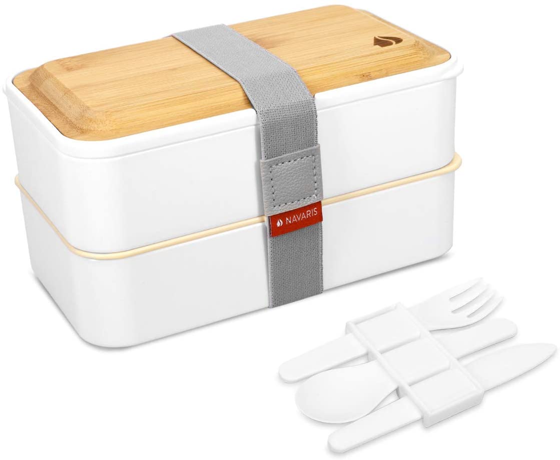 Navaris Bento Box Set Δύο Δοχεία Φαγητού με Μαχαιροπίρουνα και Καπάκι από Μπαμπού - 1.2L - White - 47407.01.16