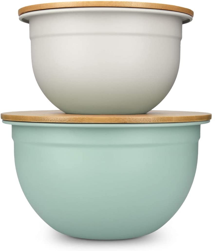 Navaris Metal Mixing Bowls with Wooden Lids Σετ με 2 Μεταλλικά Δοχεία Φαγητού με Καπάκι από Μπαμπού - Grey / Mint Green - 49209.02.22