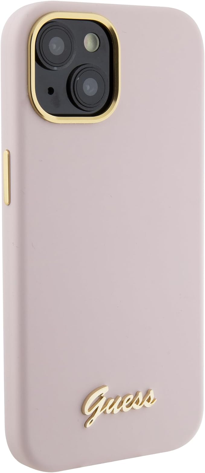 Guess iPhone 15 Silicone Script Metal Logo and Frame Σκληρή Θήκη με Πλαίσιο Σιλικόνης - Pink - GUHCP15SSMBSLP