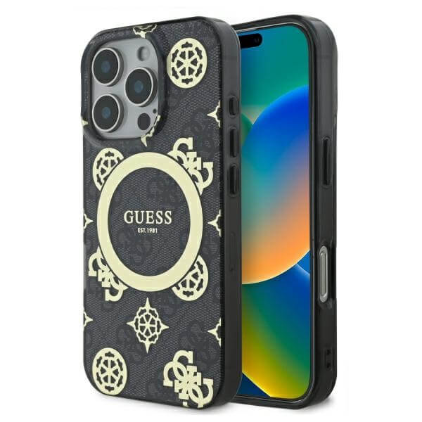 Guess iPhone 16 Pro - IML Peony On 4G Background MagSafe - Θήκη με Επένδυση Συνθετικού Δέρματος - Black - GUHMP16LH4PYEEK
