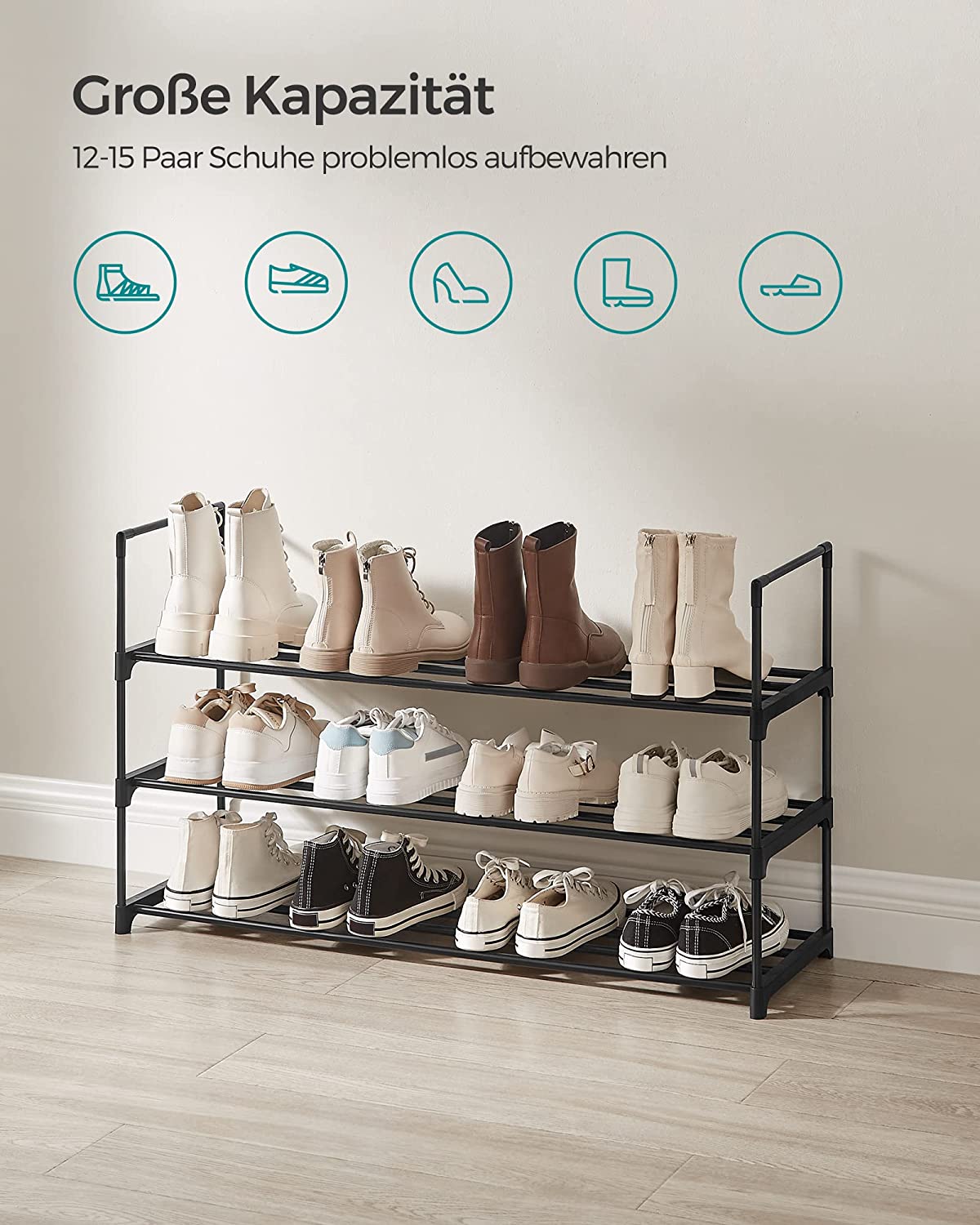 Songmics Μεταλλική Παπουτσοθήκη με 3 Ράφια - Black - LSA303B02