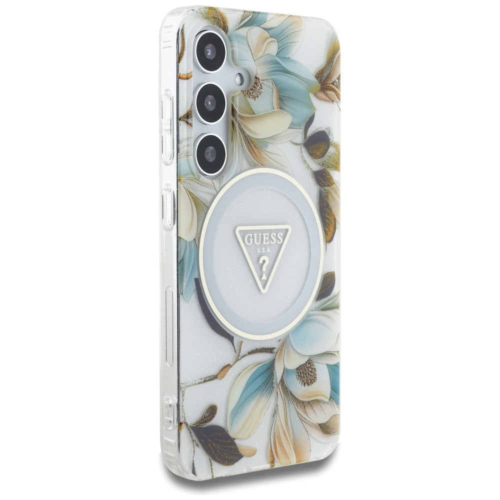 Guess Samsung Galaxy S25 - Glitter Flowers Triangle Buttons MagSafe - Σκληρή Θήκη με Πλαίσιο Σιλικόνης - White - GUHMS25SHFLPEDH