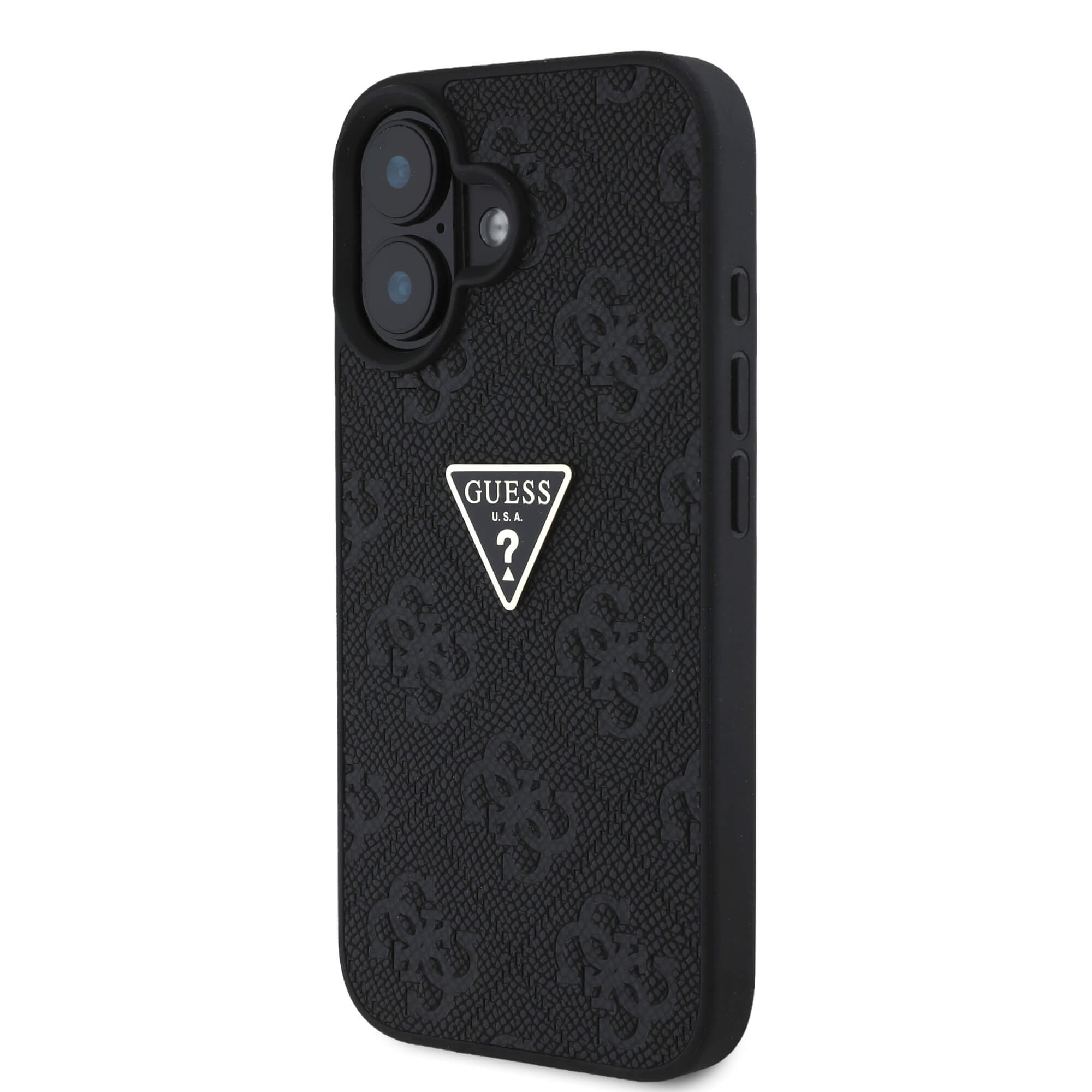 Guess iPhone 16 - Hot Stamp 4G Pattern Triangle Metal Logo - Θήκη με Επένδυση Συνθετικού Δέρματος και Πλαίσιο Σιλικόνης - Black - GUHCP16SPGP4STRK