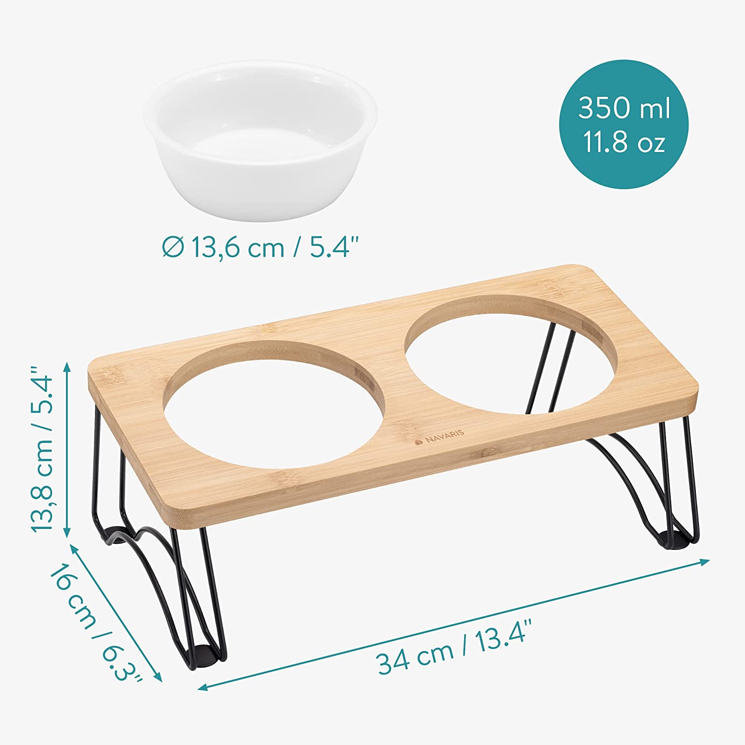 Navaris Σετ με 2 Μπολ Φαγητού και Νερού με Βάση από Μπαμπού και Μέταλλο για Κατοικίδια - Beige - 57206.2