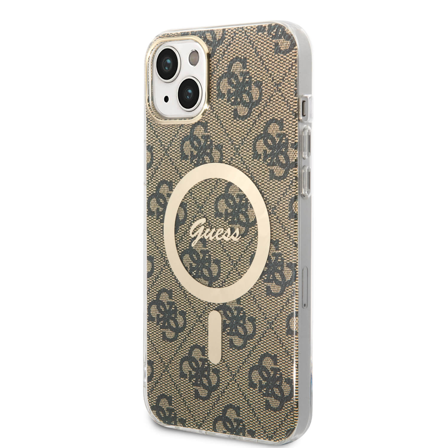Guess iPhone 15 Plus / 14 Plus - Bundle Pack - Σετ Σκληρή Θήκη με Πλαίσιο Σιλικόνης και Ασύρματος Φορτιστής MagSafe - Design 4G Print MagSafe - Brown - GUBPP14MH4EACSW