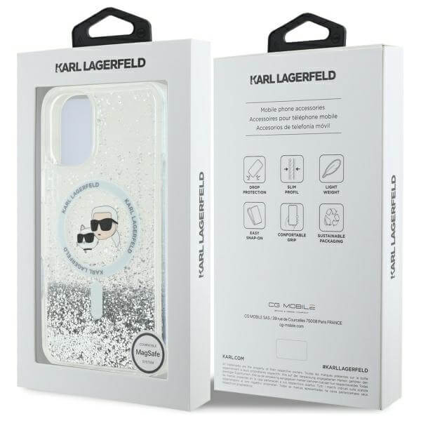 Karl Lagerfeld iPhone 16 - Liquid Glitter Karl and Choupette Head MagSafe Σκληρή Θήκη με Πλαίσιο Σιλικόνης - Διάφανη - KLHMP16SLGKCSGH
