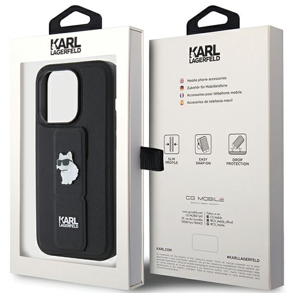 Karl Lagerfeld iPhone 15 Pro Max - Gripstand Saffiano Choupette Pin Σκληρή Θήκη με Επένδυση Συνθετικού Δέρματος και Stand - Black - KLHCP15XGSACHPK