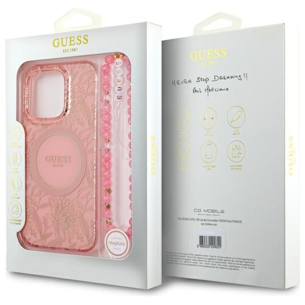 Guess iPhone 16 Pro - IML Flowers Allover Electro With Pearl Strap MagSafe - Σκληρή Θήκη με Πλαίσιο Σιλικόνης και Λουράκι - Pink - GUHMP16LHCPOFPP