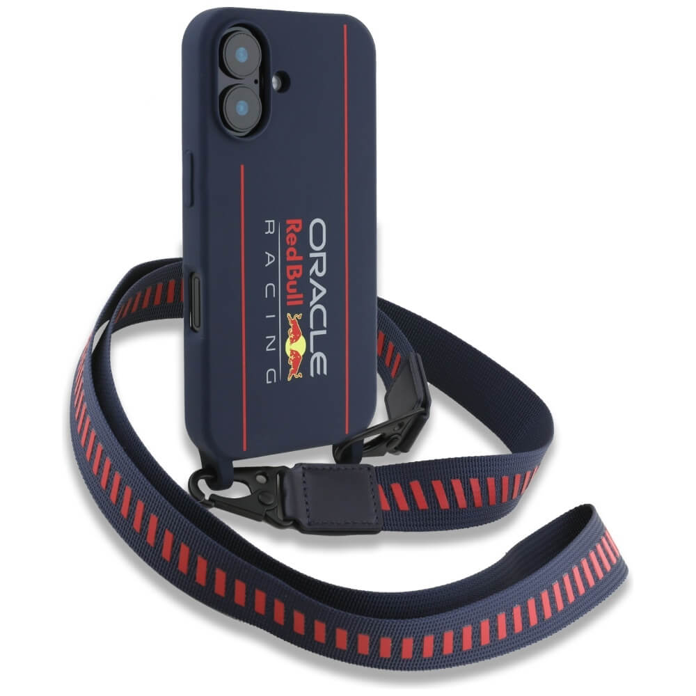 Red Bull iPhone 16 - Silicone Strap and Vertical Logo - MagSafe Σκληρή Θήκη με Πλαίσιο Σιλικόνης και Λουράκι - Navy Blue - RBHMP16S24SISOLRV