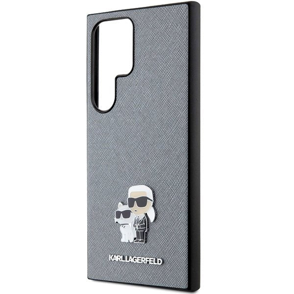 Karl Lagerfeld Samsung Galaxy S24 Ultra - Saffiano Karl and Choupette Metal Pin Σκληρή Θήκη με Επένδυση Συνθετικού Δέρματος και Πλαίσιο Σιλικόνης - Grey - KLHCS24LPSAKCMPG