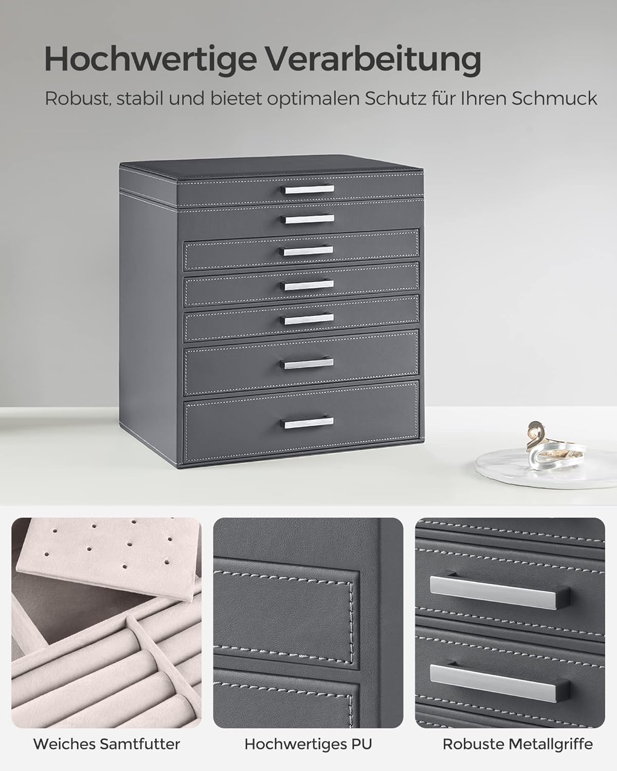 Songmics Κουτί Αποθήκευσης Κοσμημάτων 6 Επιπέδων με 5 Συρτάρια και Καθρέπτη - Grey - JBC138G01