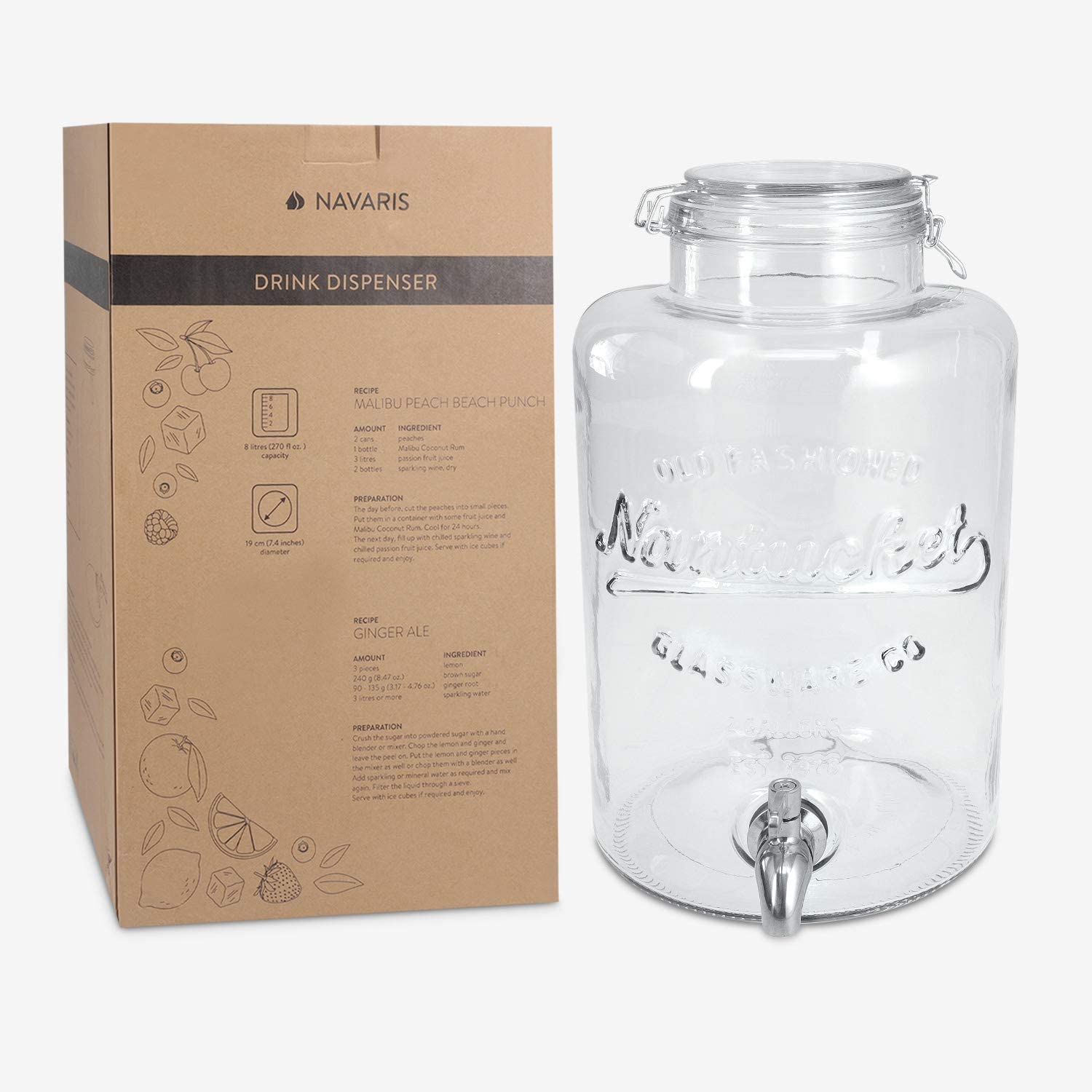 Navaris Drinks Dispenser Γυάλινος Διανεμητής Ποτού - 8L - Διάφανο - 51379.01