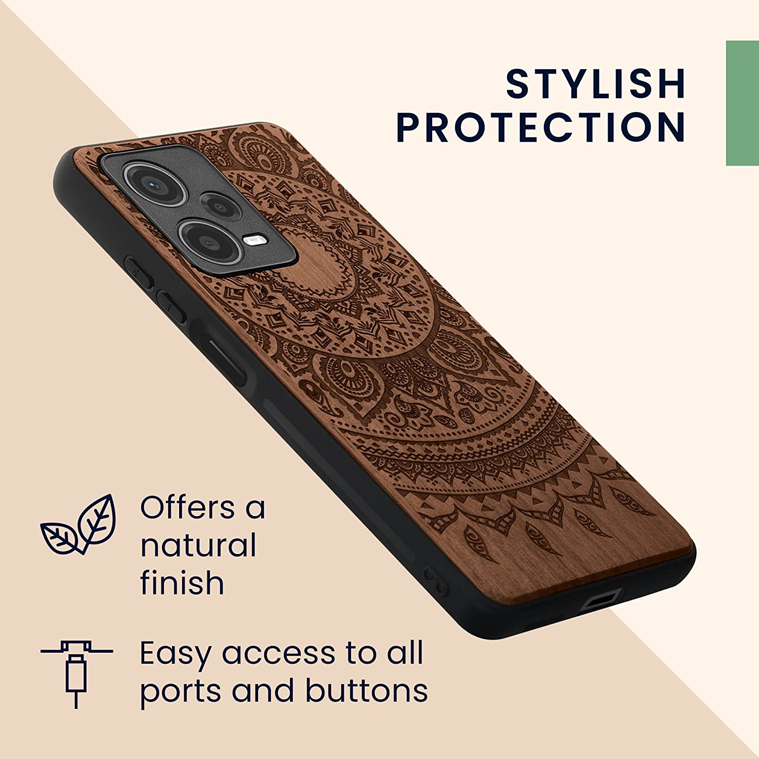 KW Xiaomi Redmi Note 12 Pro+ Θήκη από Φυσικό Ξύλο - Design Indian Sun - Dark Brown - 60694.03