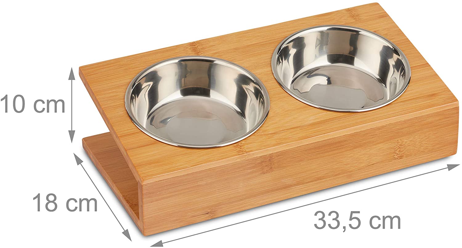 Relaxdays Σετ με 2 Μπολ από Ανοξείδωτο Ατσάλι σε Βάση από Μπαμπού για Κατοικίδια - 300 ml - Natural - 4052025916121