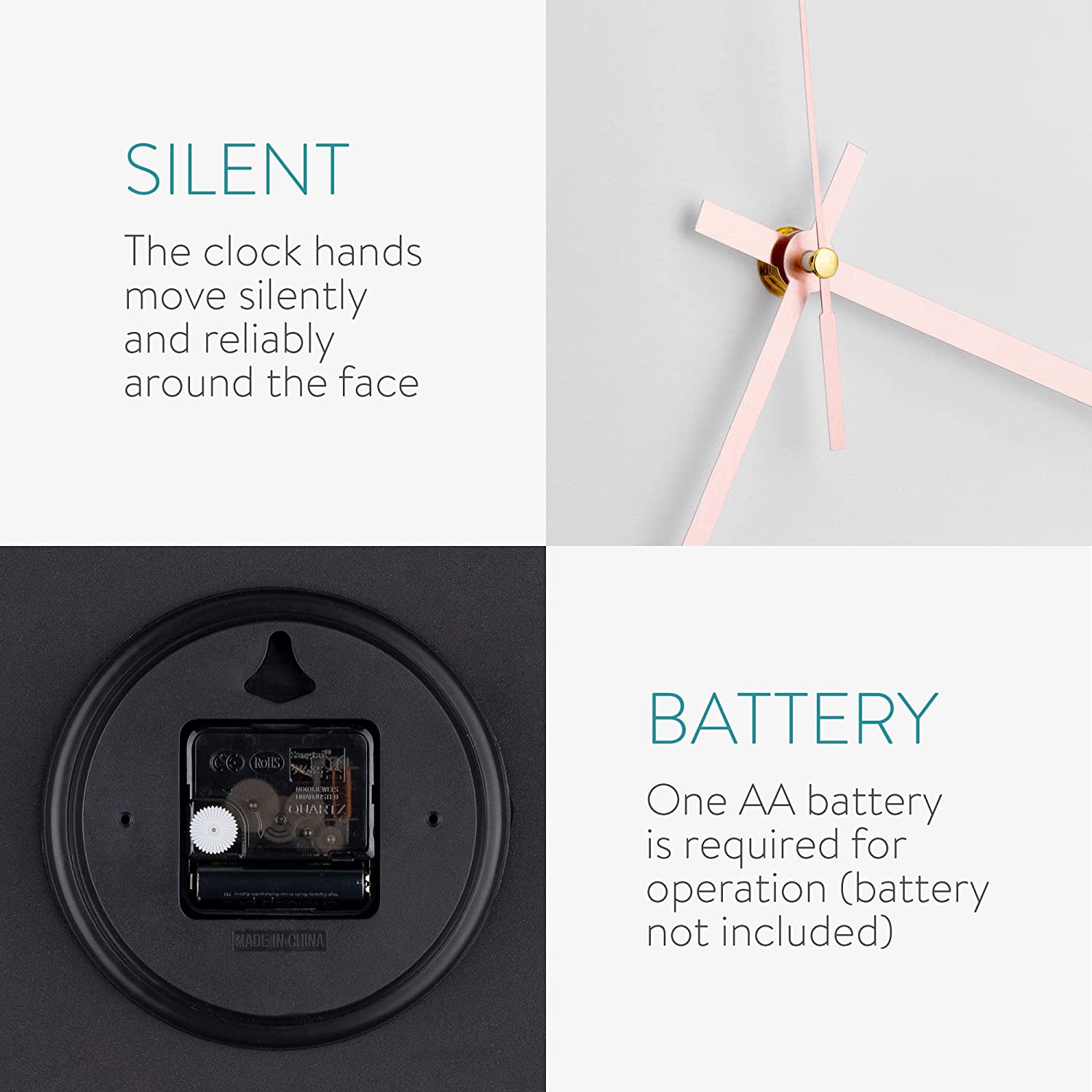 Navaris Analogue Wall Clock Design Round - Ρολόι Tοίχου από Πλαστικό και Γυαλί - White / Rose Gold - 54996.81.02