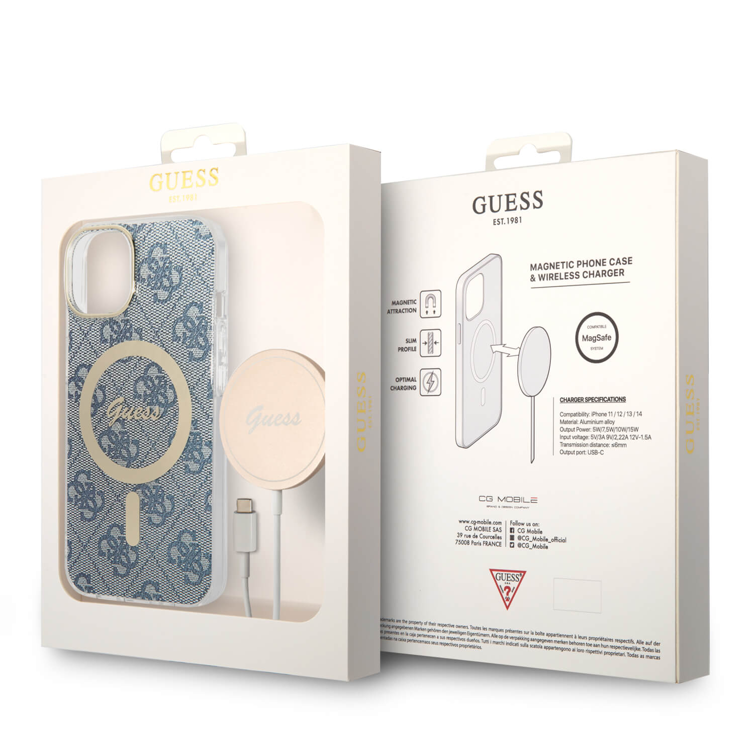 Guess iPhone 15 / 14 / 13 - Bundle Pack - Σετ Σκληρή Θήκη με Πλαίσιο Σιλικόνης και Ασύρματος Φορτιστής MagSafe - Design 4G Print MagSafe - Blue - GUBPP14SH4EACSB