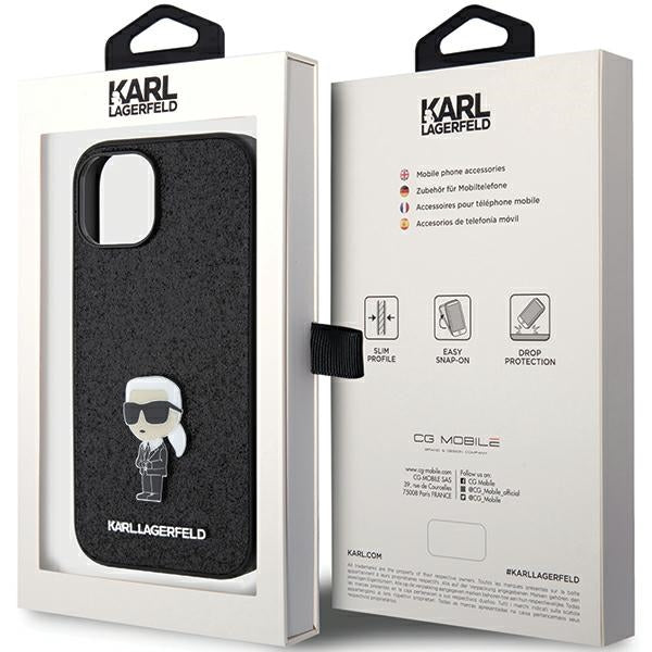 Karl Lagerfeld iPhone 15 - Glitter Ikonik Logo Metal Logo Σκληρή Θήκη με Πλαίσιο Σιλικόνης - Black - KLHCP15SGKNPSK