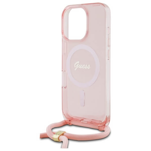 Guess iPhone 16 Pro - Crossbody Cord Script MagSafe - Σκληρή Θήκη με Πλαίσιο Σιλικόνης και Λουράκι - Pink - GUHMP16LHCTSGNSP