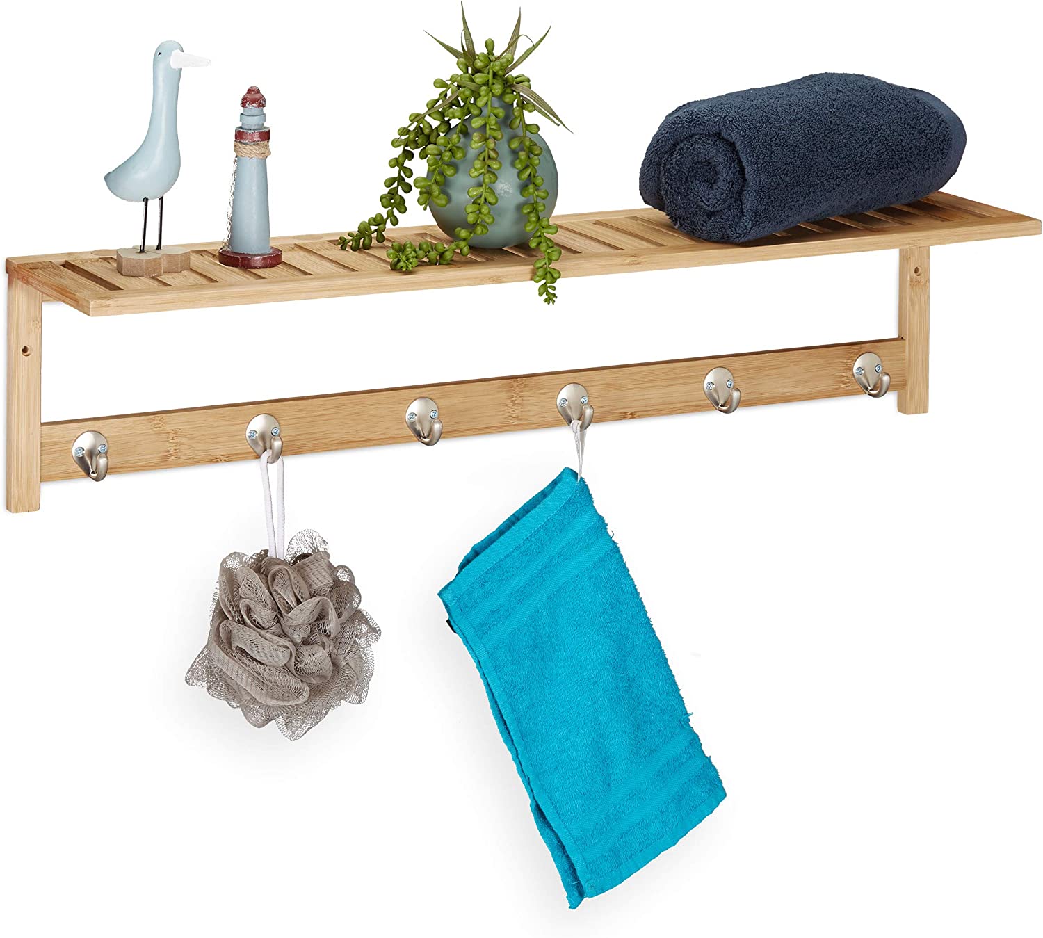 Relaxdays Ξύλινο Ράφι από Μπαμπού Μπάνιου με 6 Γάντζους για Πετσέτες - Natural - 4052025314552