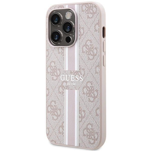 Guess iPhone 15 Pro - 4G Printed Stripes MagSafe Θήκη με Επένδυση Συνθετικού Δέρματος - Pink - GUHMP15LP4RPSP