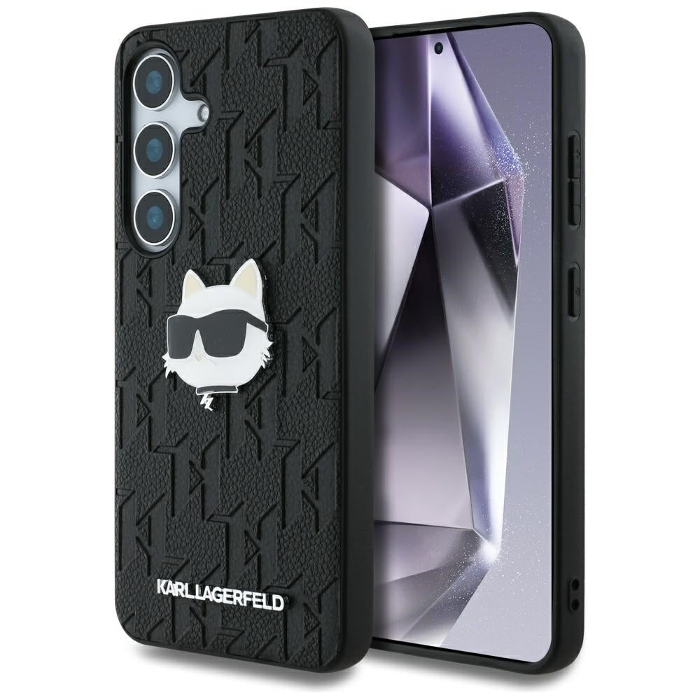 Karl Lagerfeld Samsung Galaxy S25 - Monogram Choupette Head Pin - Σκληρή Θήκη με Επένδυση Συνθετικού Δέρματος - Black - KLHCS25SPGKLCHPK
