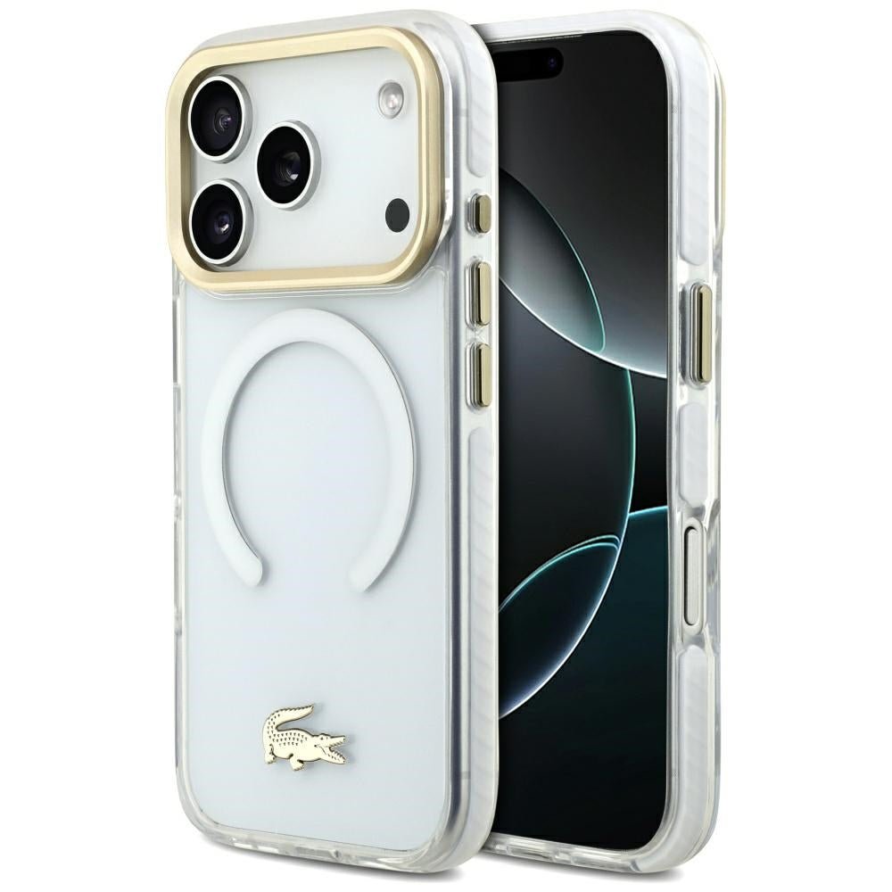 Lacoste iPhone 17 Pro - Shockproof Transparent Frosted Gold Logo MagSafe - Σκληρή Θήκη με Πλαίσιο Σιλικόνης - White