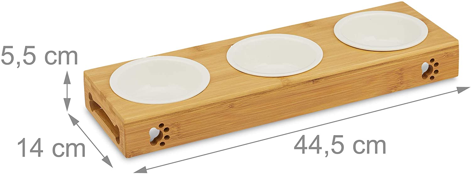 Relaxdays Σετ με 3 Κεραμικά Μπολ σε Βάση από Μπαμπού για Κατοικίδια - 180 ml - Large - Natural - 4052025916107
