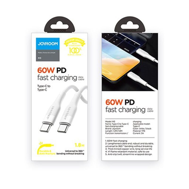 Joyroom S - 1230M3 PD 60W 3A - Καλώδιο Δεδομένων και Φόρτισης Type - C to Type - C 1.8M - White