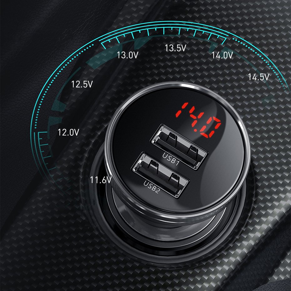 Baseus Digital Display Φορτιστής Αυτοκινήτου 4.8A με Δύο Θύρες USB - Grey - CCBX-0G