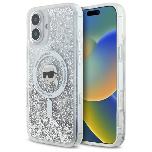 Karl Lagerfeld iPhone 16 Plus - Liquid Glitter Karl Head MagSafe - Σκληρή Θήκη με Πλαίσιο Σιλικόνης - Διάφανη - KLHMP16MLGKISGH