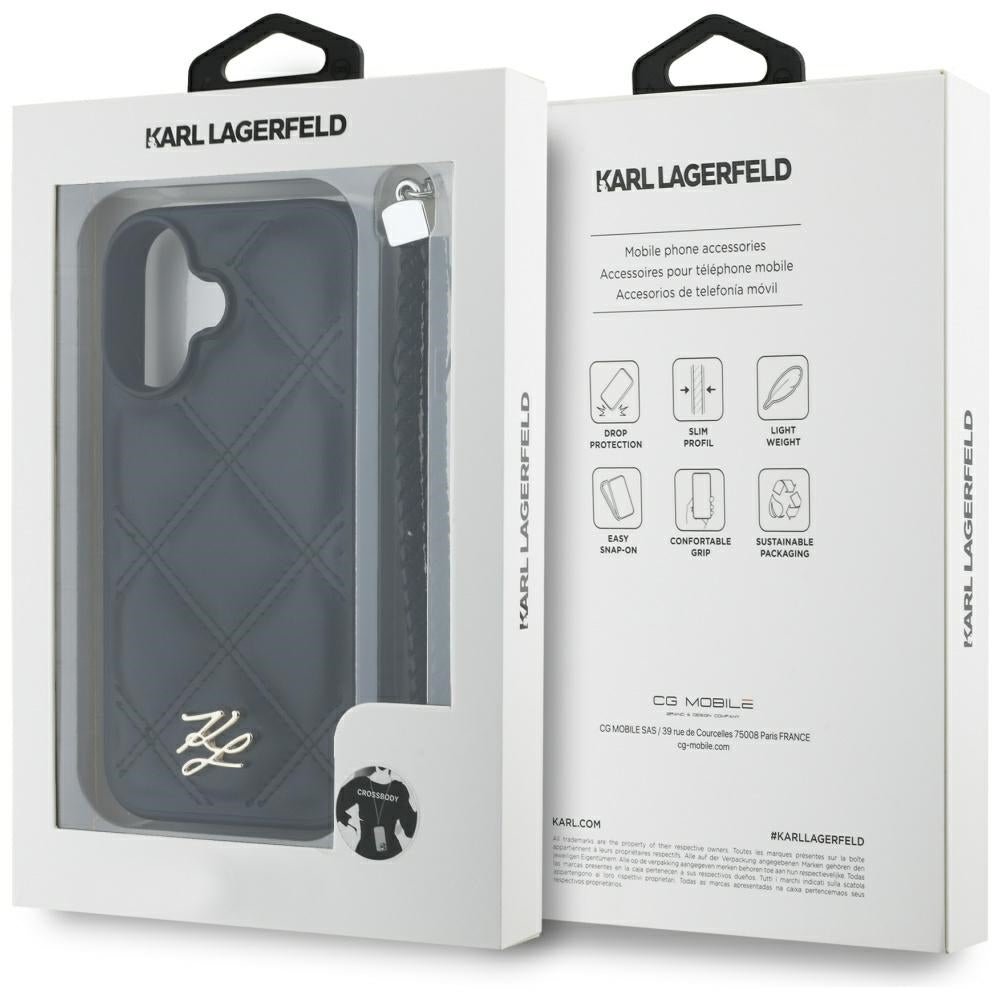 Karl Lagerfeld iPhone 16 - Quilted Initial Logo and Chain Strap - Θήκη με Επένδυση Συνθετικού Δέρματος και Λουράκι - Black - KLHCP16SPSQSKLSMSK