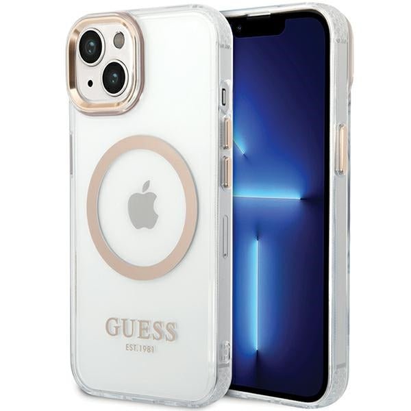 Guess iPhone 15 Plus / 14 Plus Metal Outline MagSafe Σκληρή Θήκη με Πλαίσιο Σιλικόνης και MagSafe - Gold - GUHMP15MHTRMD