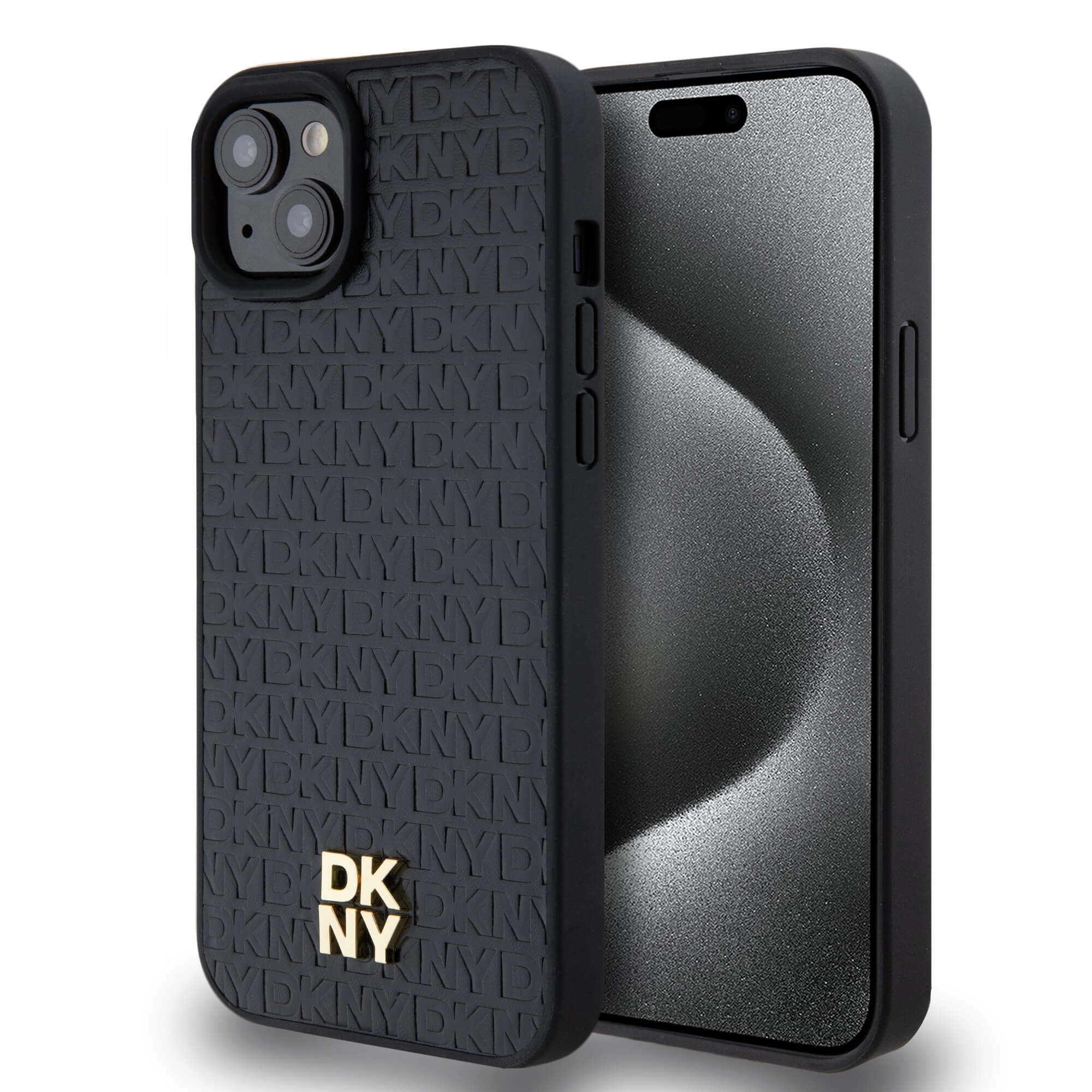 DKNY iPhone 15 Plus / 14 Plus - Leather Monogram Pattern Metal Logo MagSafe Σκληρή Θήκη με Επένδυση Συνθετικού Δέρματος - Black