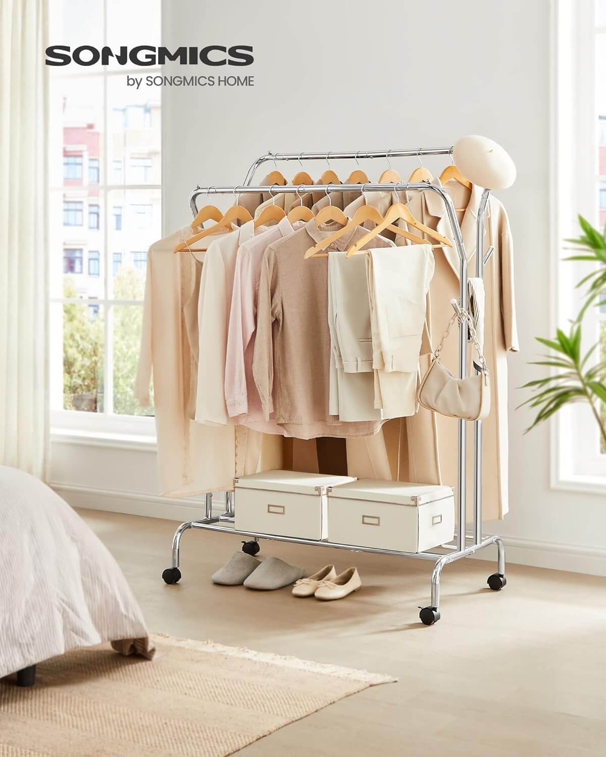 Songmics Τροχήλατη Κρεμάστρα Pούχων με 2 Pάγες και Ράφι - Ράγα Ρούχων - 52.5 x 103.5 x 155 cm - Silver - HSR107E01
